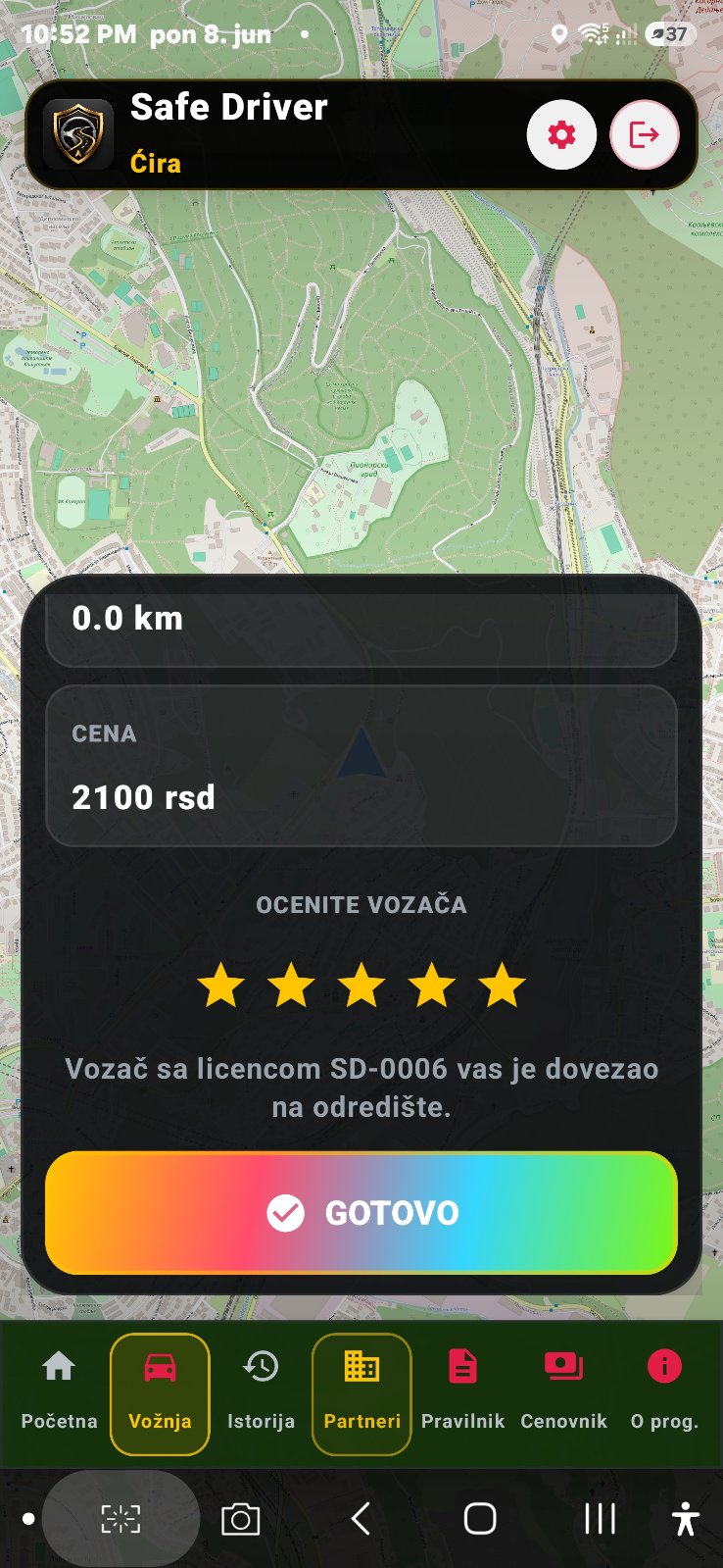 Safe Driver aplikacija završena vožnja i cena
