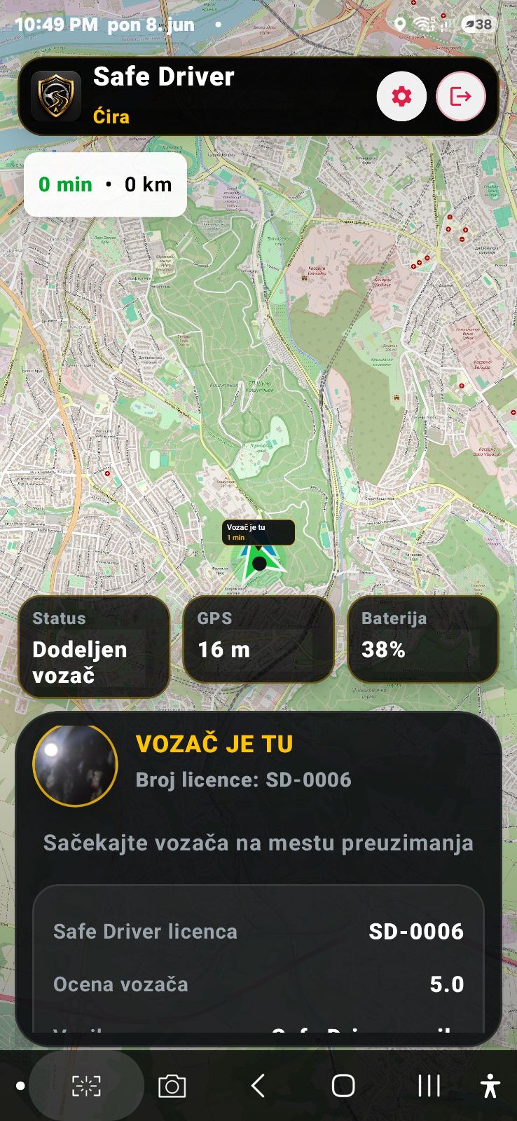 Safe Driver aplikacija vozač je stigao